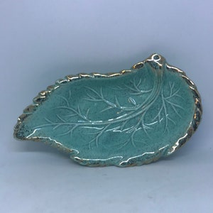 California Pottery Speckled Blue Leaf Bowl with Gold Trim