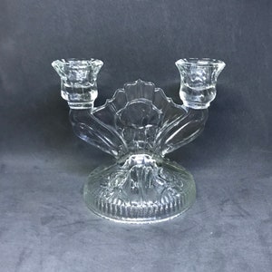 Jeannette Glass Iris and Herringbone Pattern Double Candlestick Holder