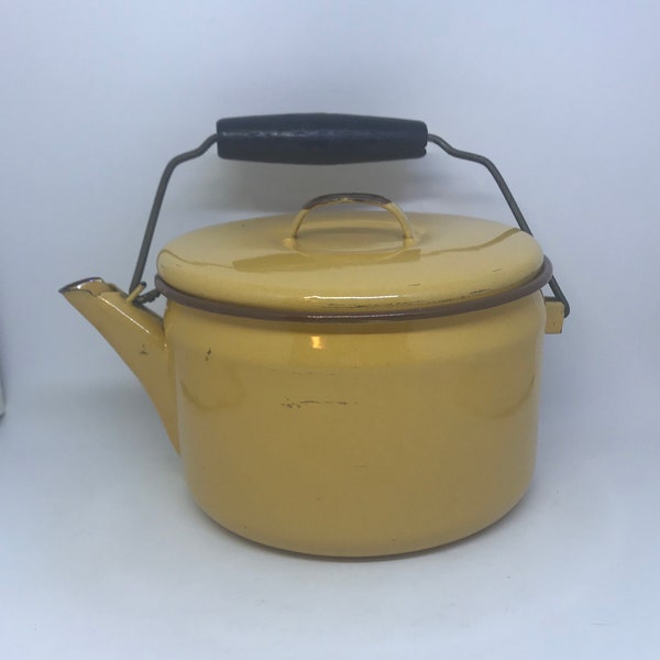 Tan and Brown Enamelware Teapot with Wooden Handle