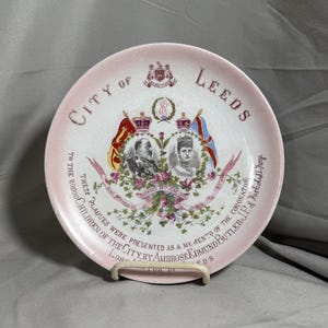 1902 Coronation Commemorative Plate -- King Edward VII & Queen Alexandra Crowned  Plate by J. H. Awmack, Leeds