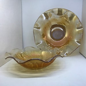 Jeannette Glass Iridescent Iris and Herringbone Ruffled Bowls, Salad and Fruit