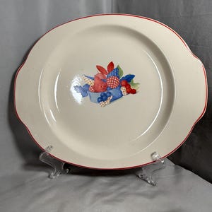Universal Potteries Calico Fruit Lugged Platter – 13 1/4 with Lugs – Red Rim – Vintage Earthenware Serving Piece