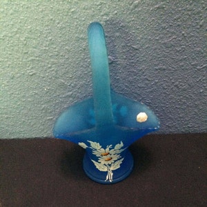 Westmoreland Ice Blue Satin Frosted Glass Basket with Hand Painted Daisies