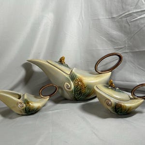 Hull Art Pottery Parchment and Pine Tea Set — Teapot  Creamer and Lidded Sugar