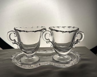 Fostoria Century (Pressed) Mini Creamer, Double‑Handled Open Sugar & Tray – Clear Elegant Glass – 1950–1982