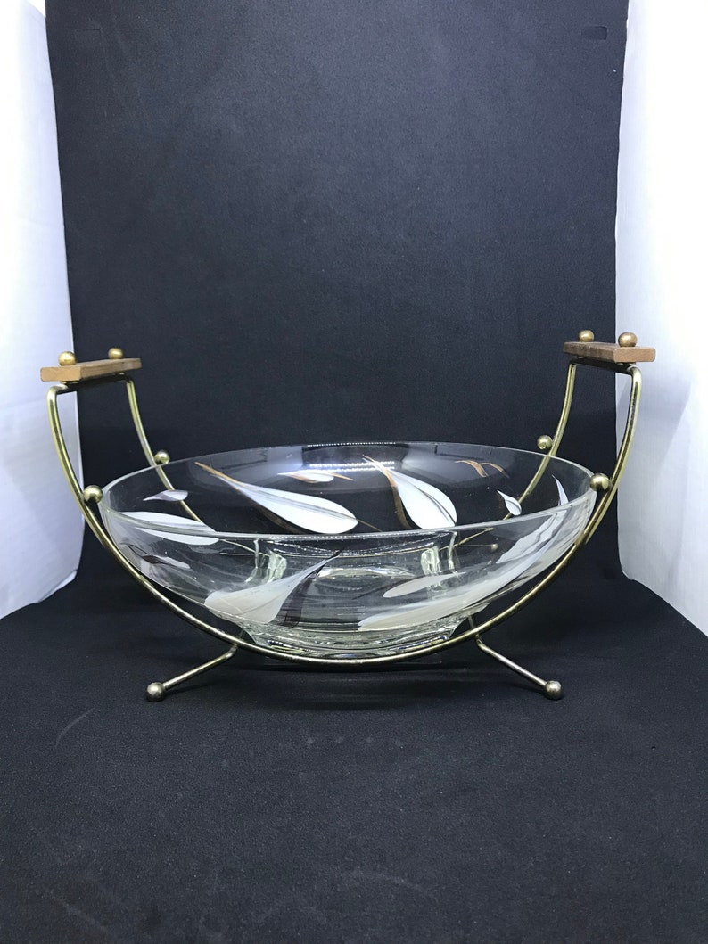 Mid Century Handpainted Bowl with Serving Cradle