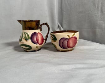 Wade England Harvest Creamer & Open Sugar – Rose‑Gold Copper Luster – Hand‑Painted Plum – Completely Crazed