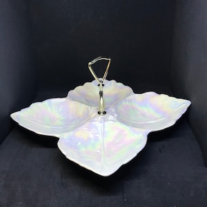 California Pottery Opalescent Leaf Handled Four Part Divided Tidbit Tray