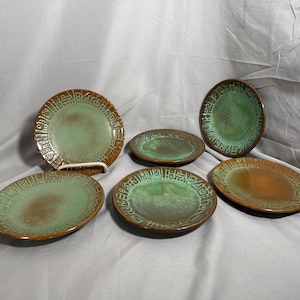 Frankoma Mayan Aztec Prairie Green Saucers, Lot of Six
