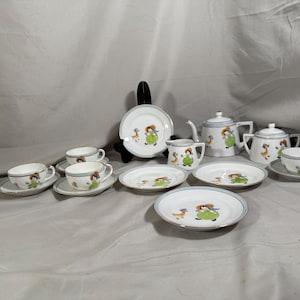 Antique Nippon Green Girl with Goose Children’s Tea Set — Teapot, Four Plates, Four Cups and Four Saucers with Cream and Sugar