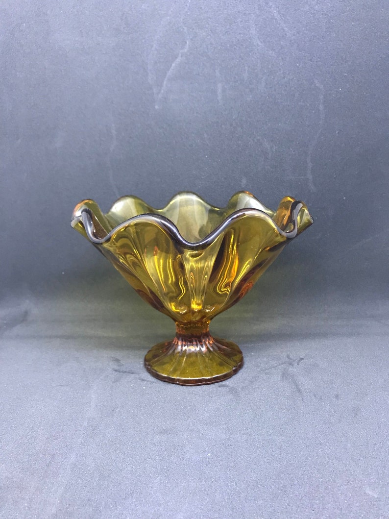 Amber Glass Ruffled Footed Bowl Etsy