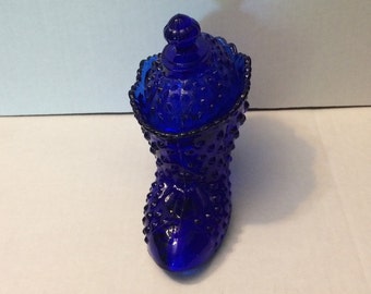 Vintage Fenton Glass Cobalt Hobnail Boot with Lid