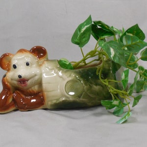 Puede incluir: Un macetero de cerámica con forma de oso marrón acostado con una planta verde y blanca en su interior.