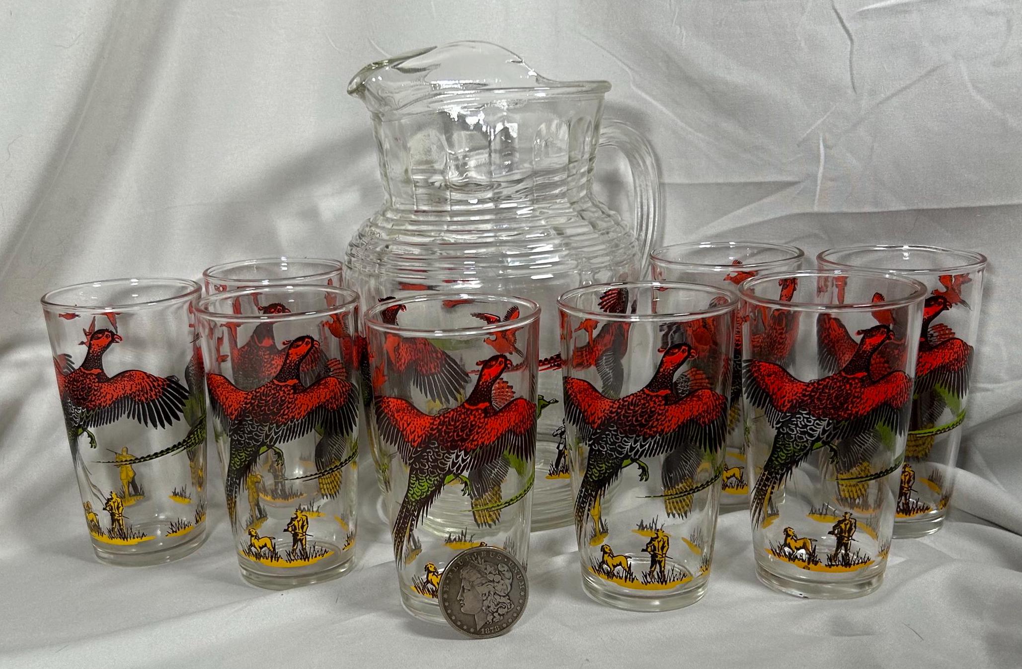 Hazel Atlas Pheasants -- Pitcher and Eight Glasses -- Lemonade Set