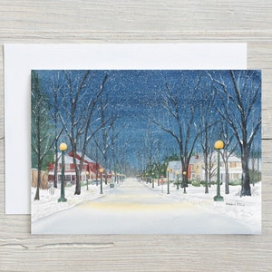 Carte Silent Night - Noël à Galt - Cambridge (Ontario) - nuit enneigée dans la rue - aquarelle - carte de Noël vierge 5 x 7 - vieille ville