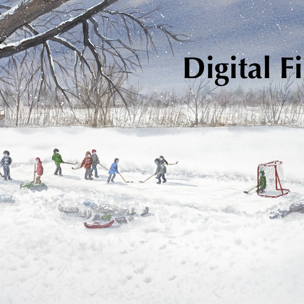 Game On download - Canadian sport - pond hockey - Ontario - children playing - hockey - winter - watercolour - digital  print