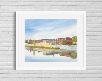 Jacob's Landing Print - Hespeler - Jacob Hespeler - watercolour - giclee print - Speed River - Cambridge - water reflections - old factories