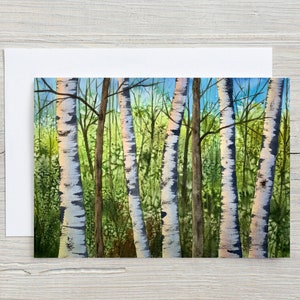 Carte Bouleau Sunny Day - carte vierge 5 x 7 - carte horizontale - bouleaux - carte aquarelle - vie à la campagne - bouleaux au soleil - jour de ciel bleu