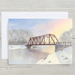 Carte Black Bridge in Winter - Hespeler - lever de soleil - Cambridge - hiver - rivière - reflets - carte aquarelle - carte vierge 5 x 7