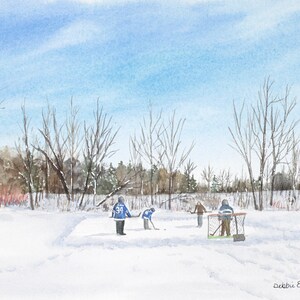 May include: A watercolor painting of a winter scene with a group of people playing hockey on a frozen pond. The pond is surrounded by trees and snow. The sky is blue and there are clouds in the sky. The painting is signed "Debbie Ecks" in the bottom right corner.