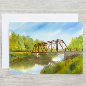 Carte pont noir en été - carte aquarelle - reflets - Hespeler - Cambridge - rivière - pont - carte de voeux 5 x 7 - carte vierge