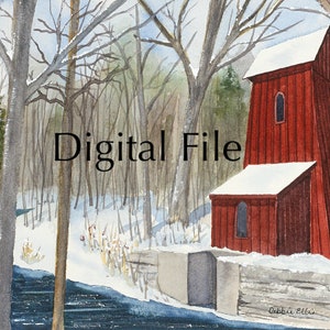 Sheave Tower Blair digital file - old mill - digital print - watercolour - red building - winter - snow scene - Cambridge - Waterloo Region