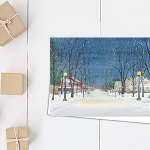 Carte Silent Night - Noël à Galt - Cambridge Ontario - Nuit enneigée dans la rue - aquarelle - Carte de Noël vierge 5x7 - vieille ville