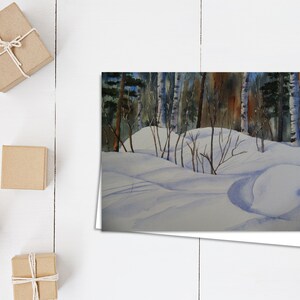 Shadows in the Snow - Christmas Card - 5x7 greeting card - snow scene - snow card - birch trees - winter - watercolour - blank card