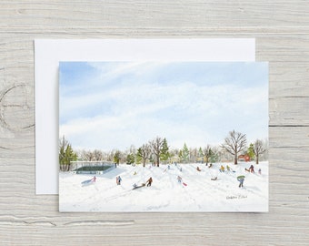 Sledding in Galt card -  5x7 horizontal card - blank card - Christmas card for kids -toboganning - Cambridge - winter card for kids