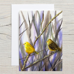 Songbirds card - watercolour - greeting card - vertical card - 5x7 card - early summer birds - yellow birds - card for mom