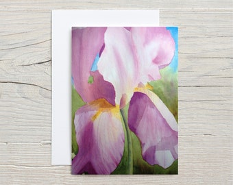 Pink Iris card - watercolour - blank greeting card - 5x7 vertical card - gardening - country life - summer flowers - card for mom