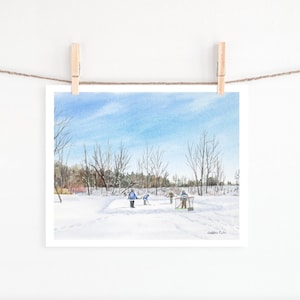 Lindsay's Hockey Pond print - Canadian sport - pond hockey - Ontario - children playing - hockey - winter - watercolour - giclee print