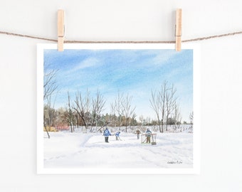 Lindsay's Hockey Pond print - Canadian sport - pond hockey - Ontario - children playing - hockey - winter - watercolour - giclee print