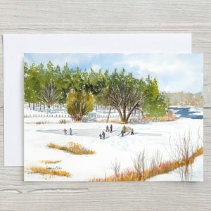 Carte Plaisirs d'hiver à Riverside Park - neige en hiver - Cambridge - hockey sur étang - carte de Noël - patinoire extérieure - carte vierge horizontale de 5 x 7