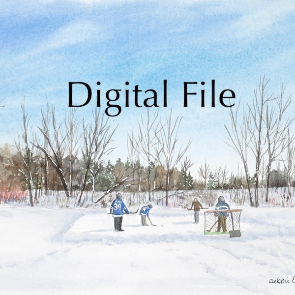 Lindsay's Hockey Pond download - Canadian sport - pond hockey - Ontario - children playing - hockey - winter - watercolour - digital  print