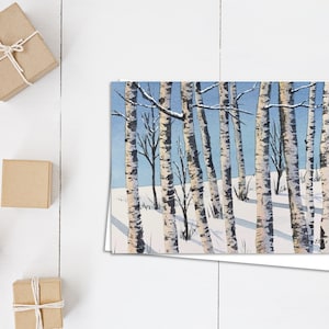 Carte Sunny Birch in Snow - Carte de Noël - Carte vierge horizontale 5x7 - bouleaux dans la neige - journée d’hiver ensoleillée - bouleau ombragé