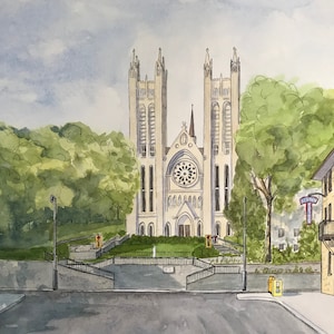 May include: Watercolor painting of a large, white church with two tall towers and a large, round stained glass window. The church is set against a backdrop of green trees and a blue sky with white clouds. There is a small building on the right side of the image.
