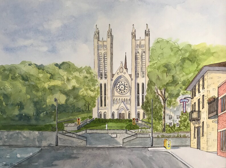 May include: Watercolor painting of a large, white church with two tall towers and a large, round stained glass window. The church is set against a backdrop of green trees and a blue sky with white clouds. There is a small building on the right side of the image.