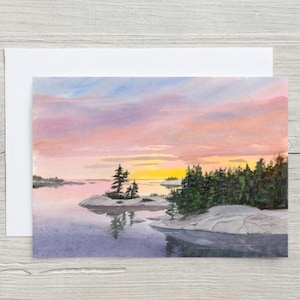 Carte reflets de la baie Georgienne - carte de voeux - coucher de soleil - lac Ontario - aquarelle - vie au chalet - île - vacances - carte d'été
