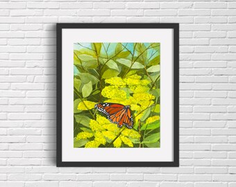 Taking a Break print - monarch butterfly painting - yellow flowers - summer flowers - butterfly - giclee print - wall decor - vertical print