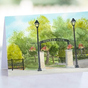 Carte Forbes Park - aquarelle - carte blanche 5x7 - Hespeler - Cambridge - journée ensoleillée - parc local - paniers à fleurs - carte horizontale