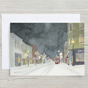 Carte Hespeler pour le réveillon de Noël - neige d'hiver - Cambridge - Noël à Cambridge - carte de Noël - rue enneigée - carte vierge horizontale 5 x 7