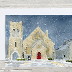 Trinity Anglican Church, Cambridge card - winter night - Cambridge church - watercolour - blank card