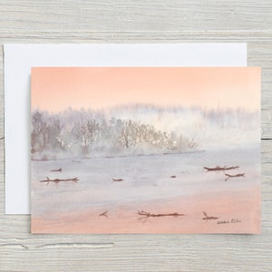 Hespeler Mill Pond Sunrise card - carte des beaux-arts - carte de vœux - carte vierge 5x7 - matin brumeux - Speed River - Cambridge - aquarelle