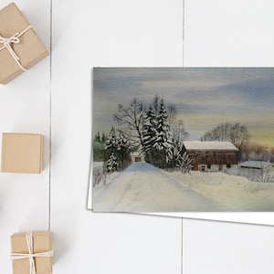 Carte Crieff Barns - Carte de Noël - carte d’art - Hiver de l’Ontario - lever de soleil d’hiver - carte 5x7 - carte vierge - carte aquarelle