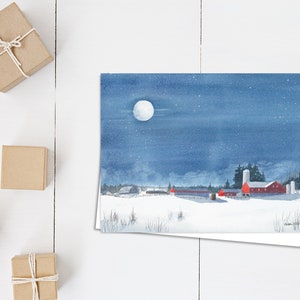 Carte de Noël All is Bright - ferme d'hiver - clair de lune - carte vierge horizontale 5 x 7 - peinture de Noël - ferme enneigée - carte d'hiver