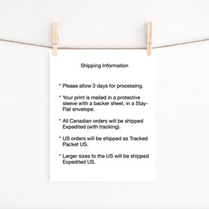 May include: A white sheet of paper with black text outlining shipping information for orders. The text reads: "Shipping Information * Please allow 3 days for processing. * Your print is mailed in a protective sleeve with a backer sheet, in a Stay-Flat envelope. * All Canadian orders will be shipped Expedited (with tracking). * US orders will be shipped as Tracked Packet US. * Larger sizes to the US will be shipped Expedited US."