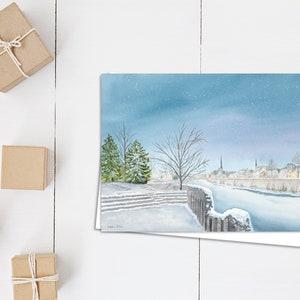 Carte Softly Falling on the Grand - Cambridge - aquarelle - carte horizontale 5 x 7 - carte de Noël - scène de neige - rivière - carte vierge -
