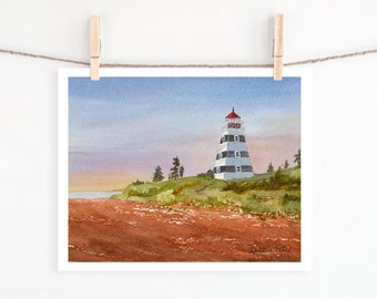 WestPoint Lighthouse print - PEI - PEI lighthouse - watercolour - giclee print - ocean - sand  - lighthouse - sunset - decor - wall art