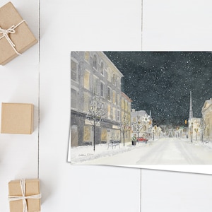 Carte Réveillon de Noël à Galt - neige d'hiver - Cambridge - Noël à Cambridge - carte de Noël - rue enneigée - carte vierge horizontale 5 x 7